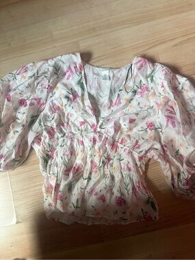 H&M Pink and Green Floral Smocked Peasant Blouse